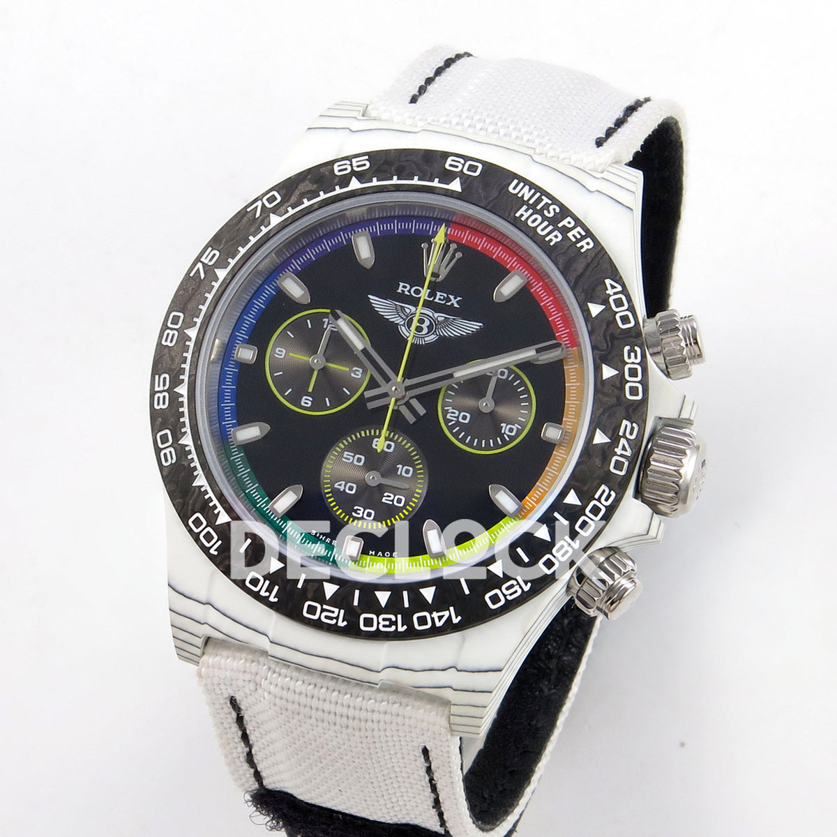 Rolex Daytona Custom DIW 'Bentley' White Carbon Black Dial Rainbow Chapter Ring ANTF DD4801 replica - three quarter