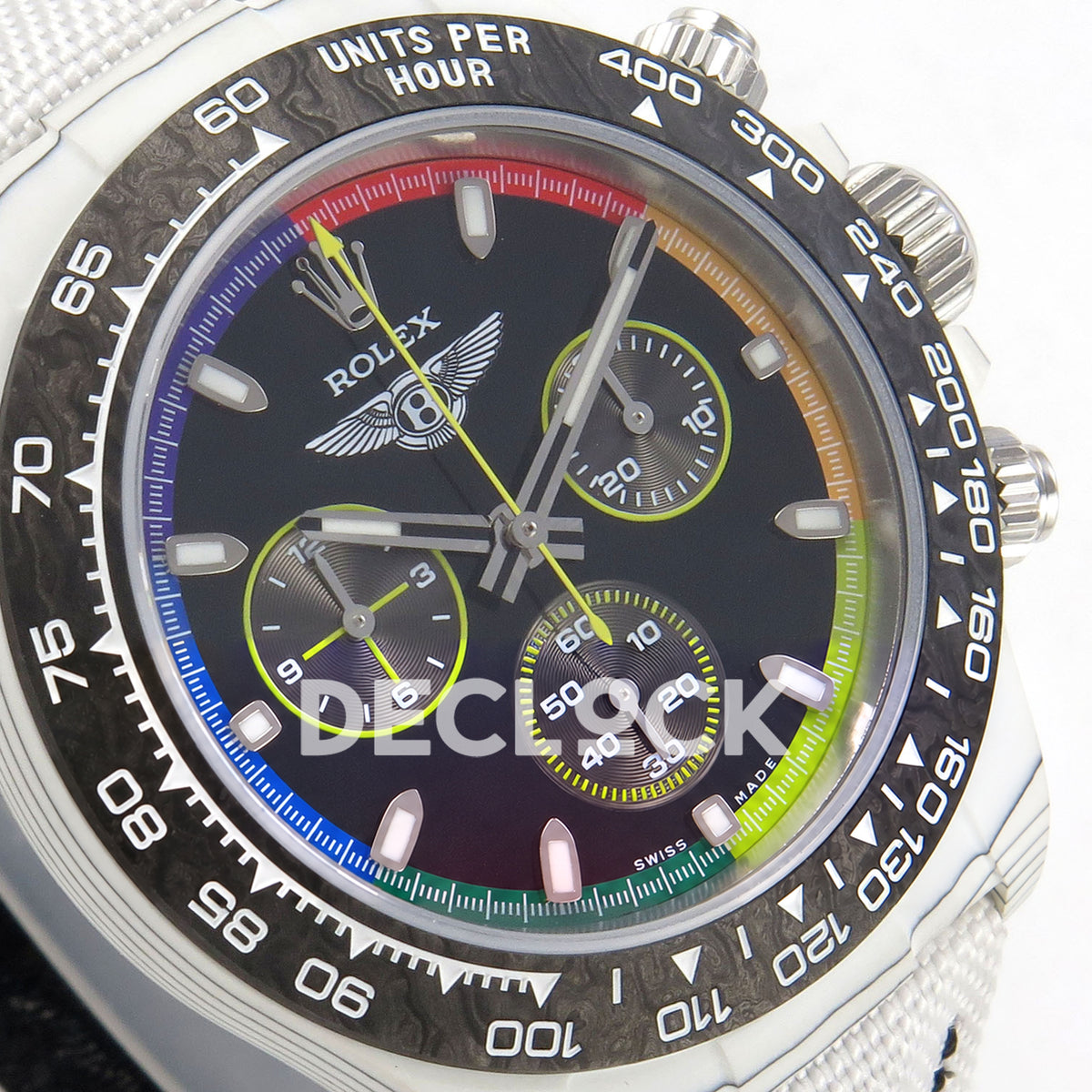 Rolex Daytona Custom DIW 'Bentley' White Carbon Black Dial Rainbow Chapter Ring ANTF DD4801 replica - dial angle left