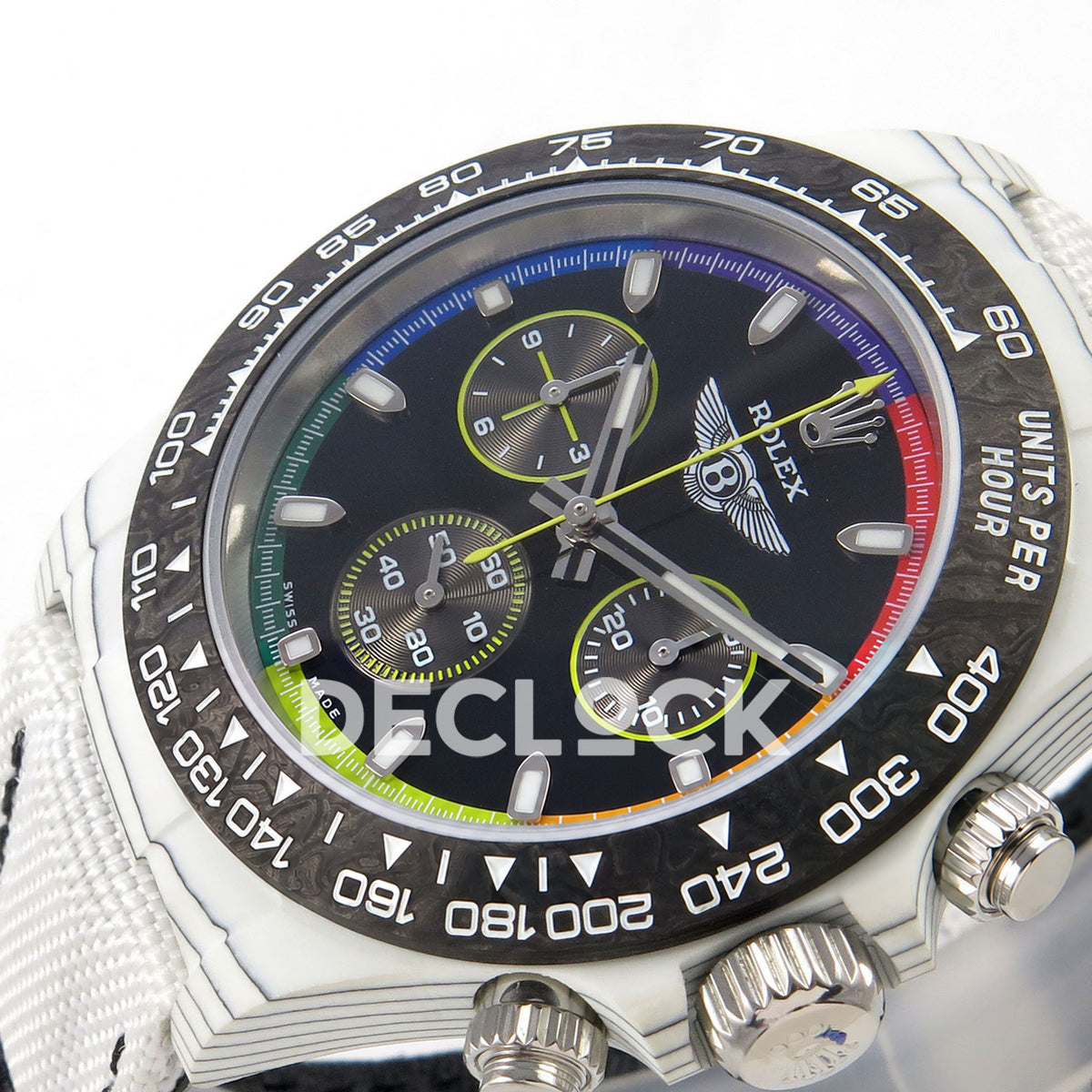 Rolex Daytona Custom DIW 'Bentley' White Carbon Black Dial Rainbow Chapter Ring ANTF DD4801 replica - dial angle right