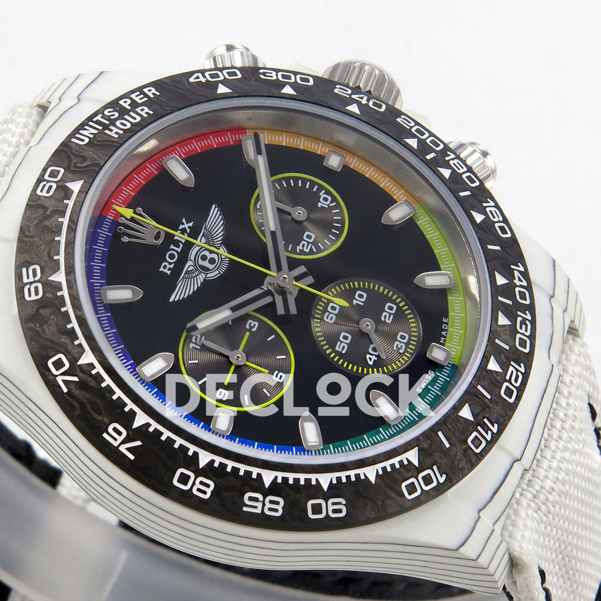 Rolex Daytona Custom DIW 'Bentley' White Carbon Black Dial Rainbow Chapter Ring ANTF DD4801 replica - dial side angle