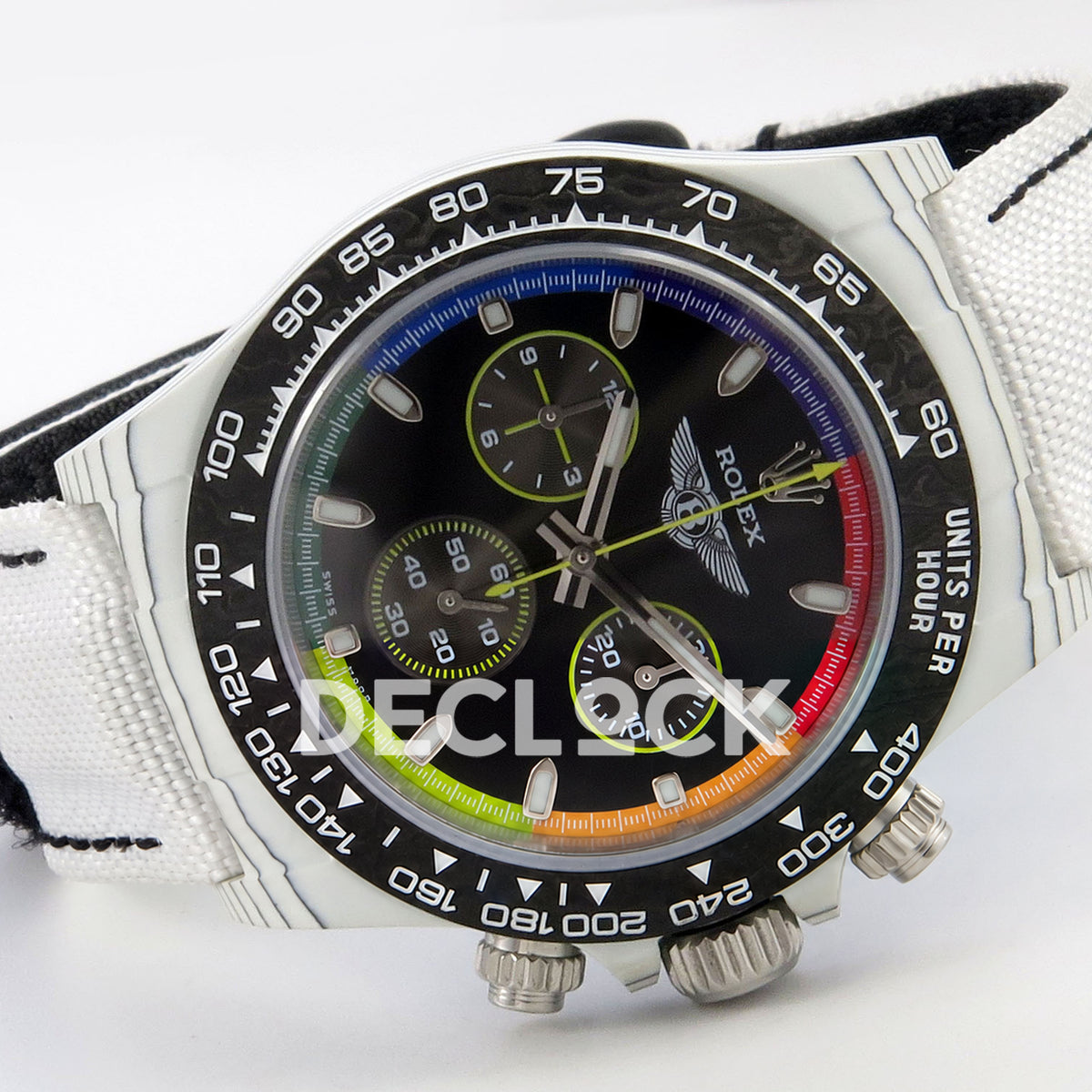 Rolex Daytona Custom DIW 'Bentley' White Carbon Black Dial Rainbow Chapter Ring ANTF DD4801 replica - full watch left