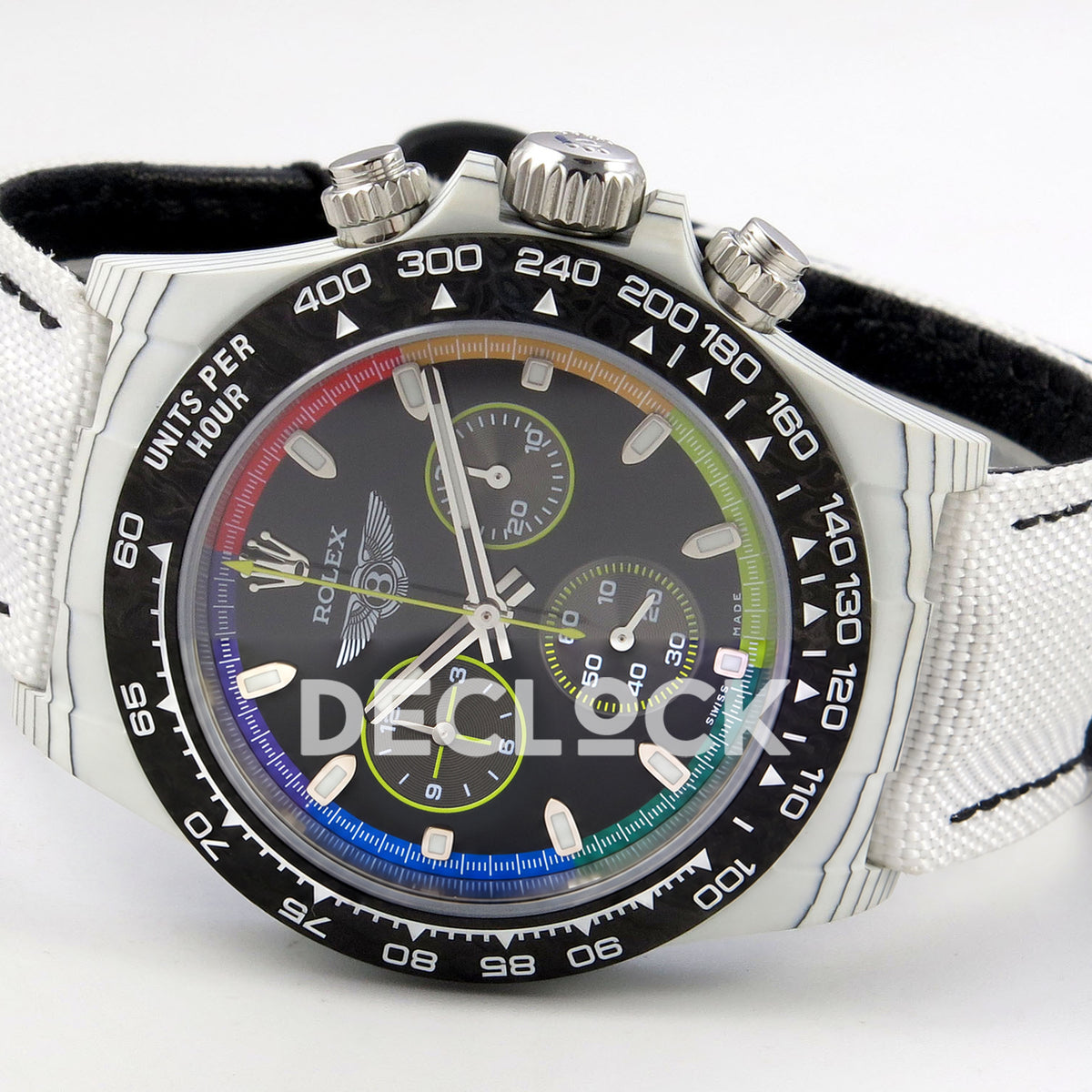 Rolex Daytona Custom DIW 'Bentley' White Carbon Black Dial Rainbow Chapter Ring ANTF DD4801 replica - full watch right