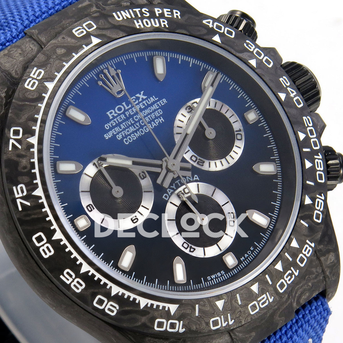 Rolex Daytona Custom DIW Black Carbon Blue Black Gradient Dial Blue Nylon ANTF DD4801 replica - dial angle left