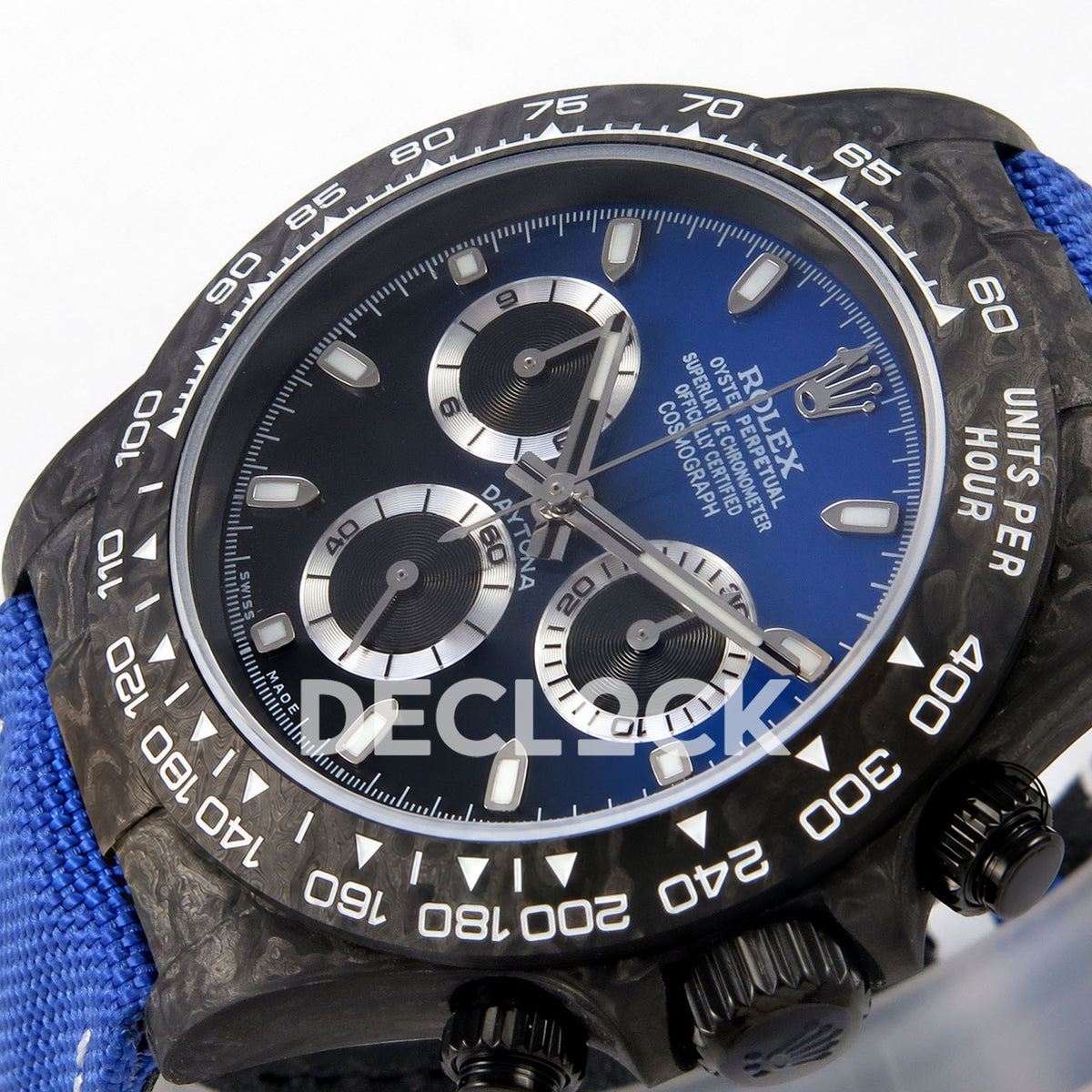 Rolex Daytona Custom DIW Black Carbon Blue Black Gradient Dial Blue Nylon ANTF DD4801 replica - dial angle right