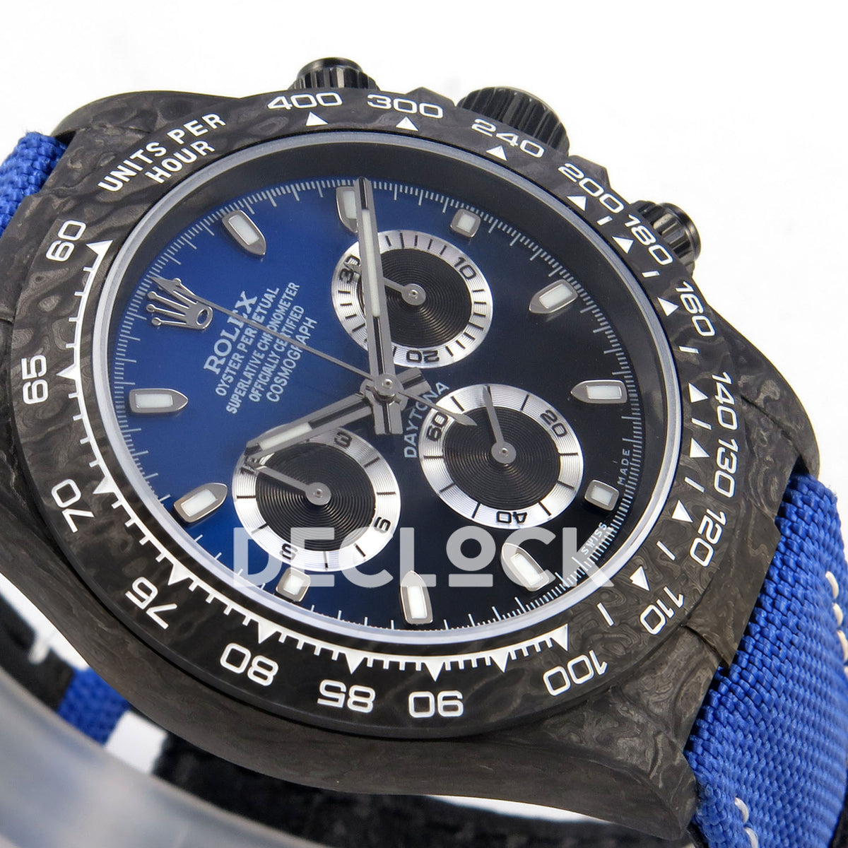 Rolex Daytona Custom DIW Black Carbon Blue Black Gradient Dial Blue Nylon ANTF DD4801 replica - dial side angle