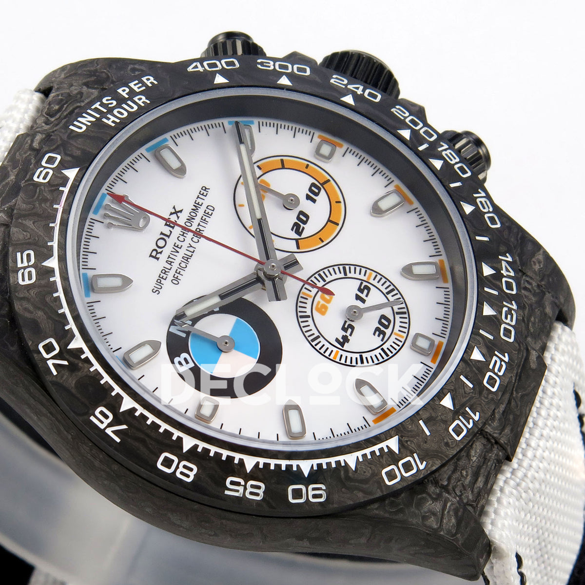 Rolex Daytona Custom DIW 'BMW' Black Carbon White Dial ANTF DD4801 replica - dial side angle