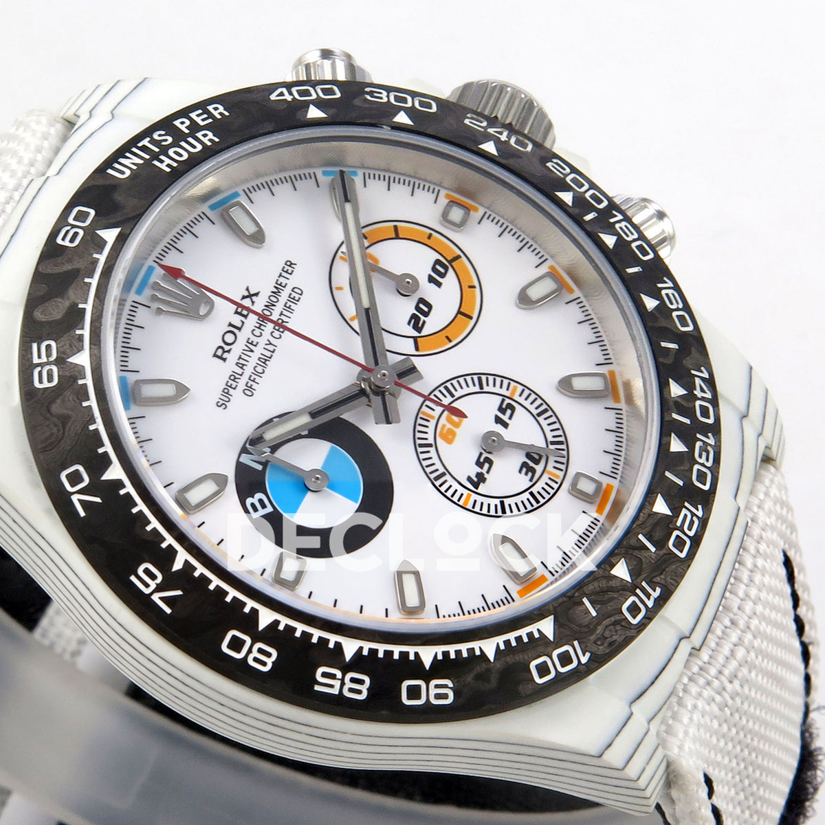 Rolex Daytona Custom DIW 'BMW' White Carbon White Dial ANTF DD4801 replica - dial side angle