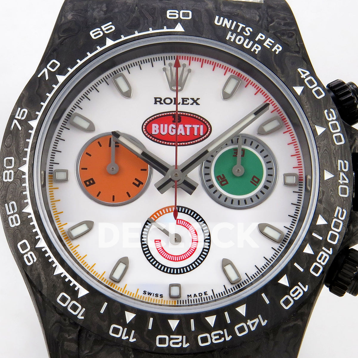 Rolex Daytona Custom DIW 'Bugatti' Black Carbon White Dial ANTF DD4801 replica - dial closeup