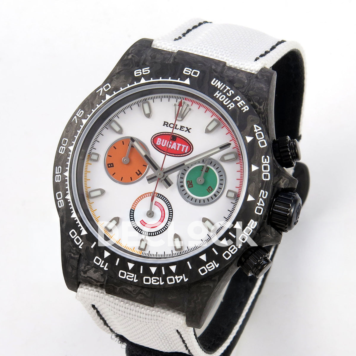 Rolex Daytona Custom DIW 'Bugatti' Black Carbon White Dial ANTF DD4801 replica - three quarter