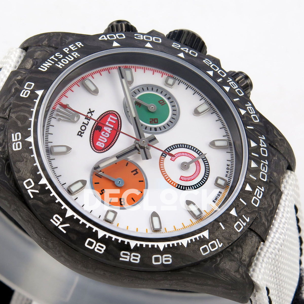 Rolex Daytona Custom DIW 'Bugatti' Black Carbon White Dial ANTF DD4801 replica - dial side angle