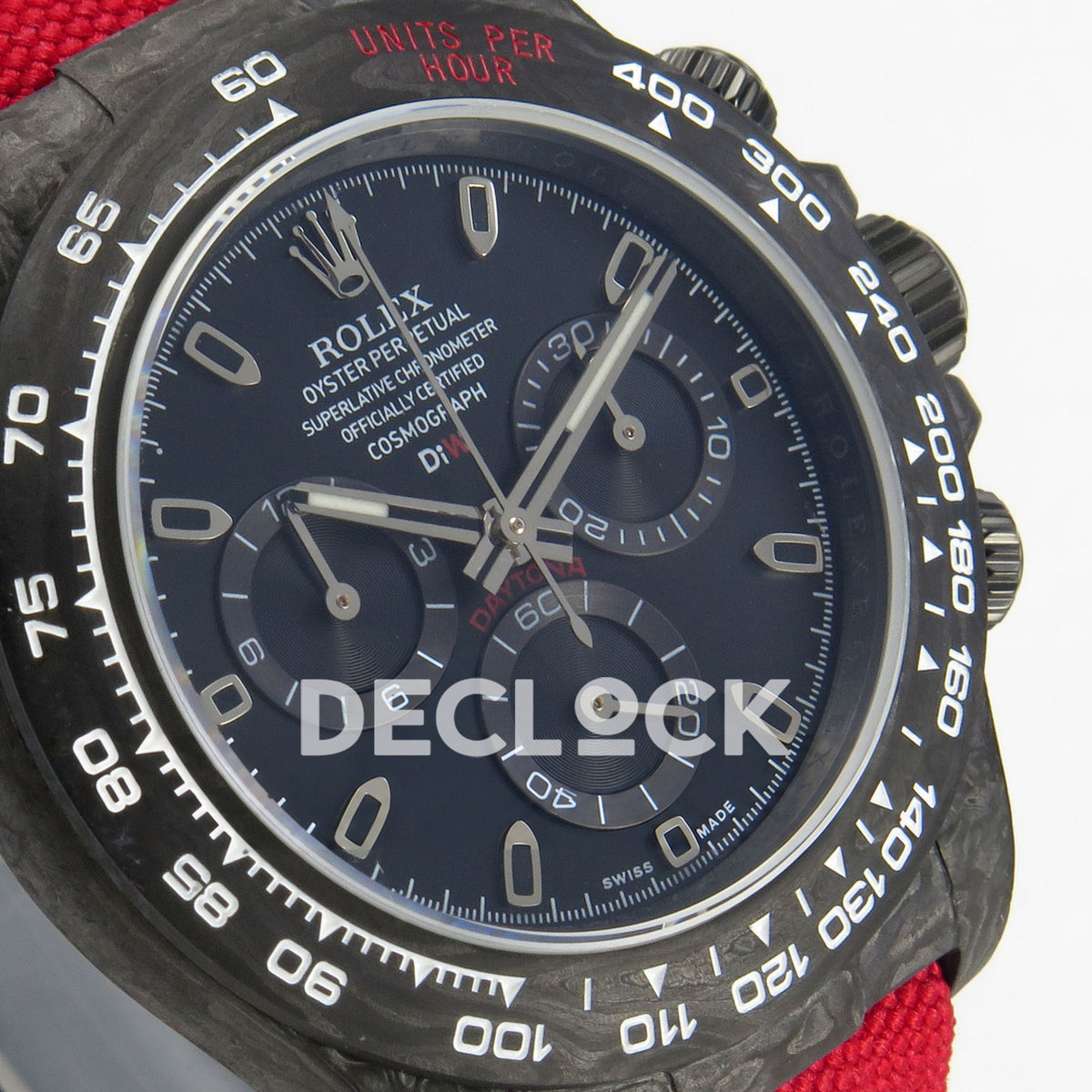 Rolex Daytona Custom DIW Carbon Black Dial Red Nylon N6F DD4801 replica - angled dial