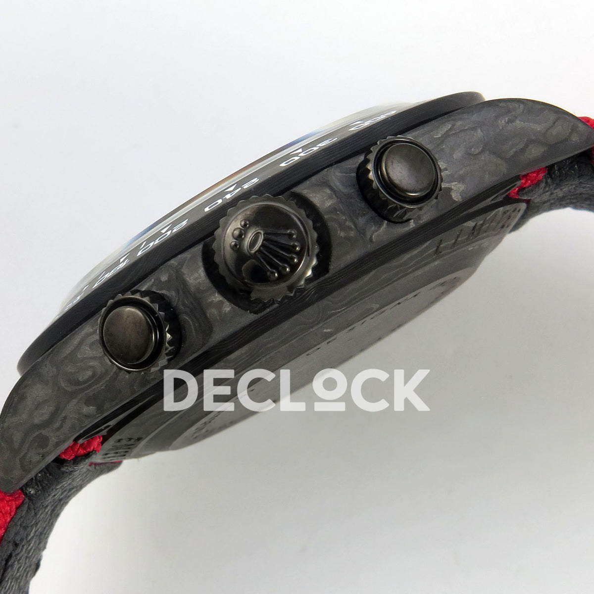 Rolex Daytona Custom DIW Carbon Black Dial Red Nylon N6F DD4801 replica - crown and pushers