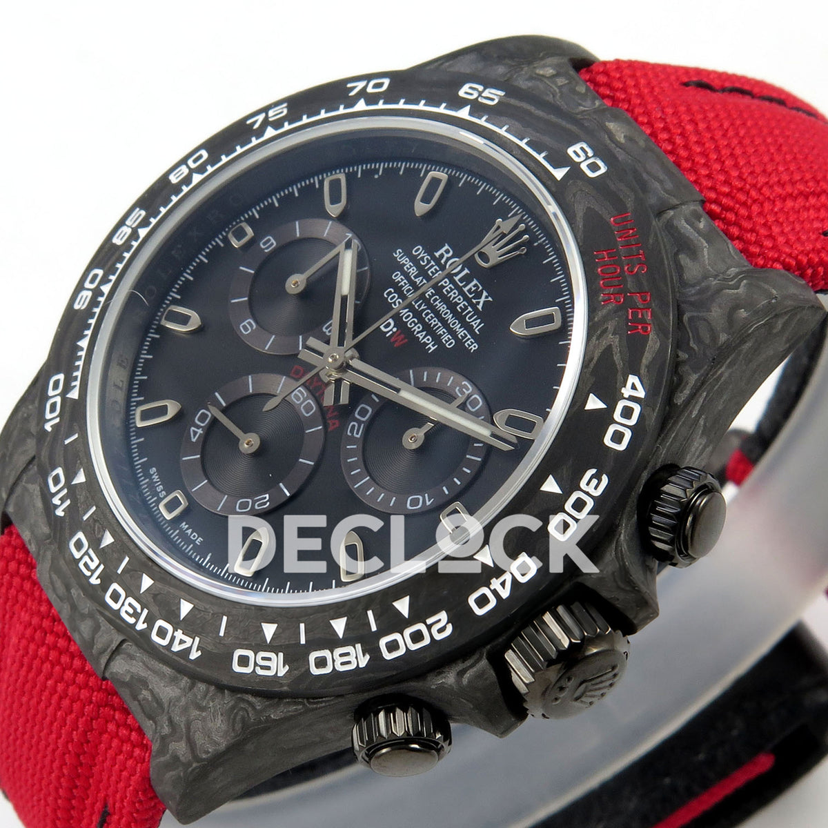 Rolex Daytona Custom DIW Carbon Black Dial Red Nylon N6F DD4801 replica - crown side front