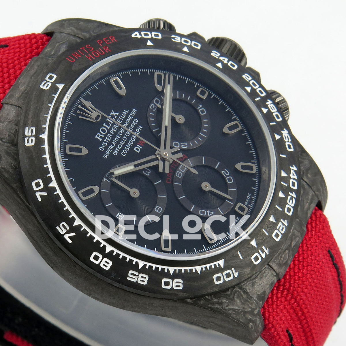 Rolex Daytona Custom DIW Carbon Black Dial Red Nylon N6F DD4801 replica - opposite angled front