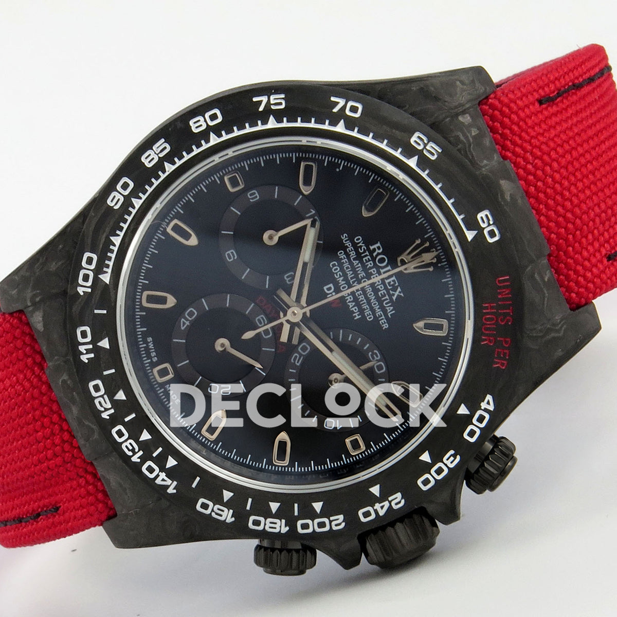 Rolex Daytona Custom DIW Carbon Black Dial Red Nylon N6F DD4801 replica - rotated front