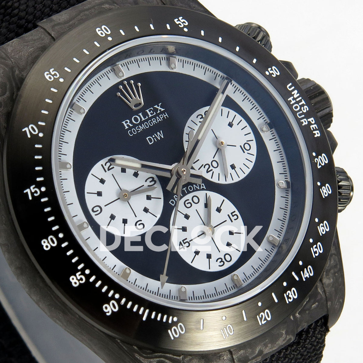 Rolex Daytona Custom DIW Carbon Black White Dial Black Nylon N6F DD4801 replica - angled dial