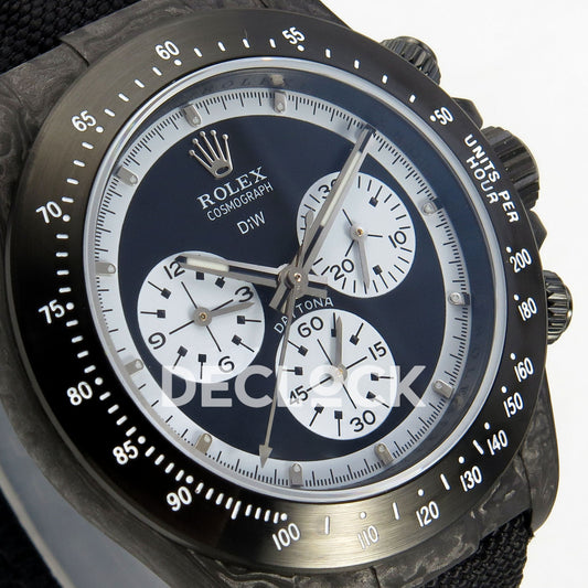 Rolex Daytona Custom DIW Carbon Black White Dial Black Nylon N6F DD4801 replica - angled dial