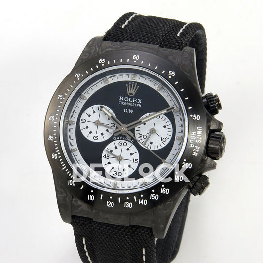 Rolex Daytona Custom DIW Carbon Black White Dial Black Nylon N6F DD4801 replica - angled front
