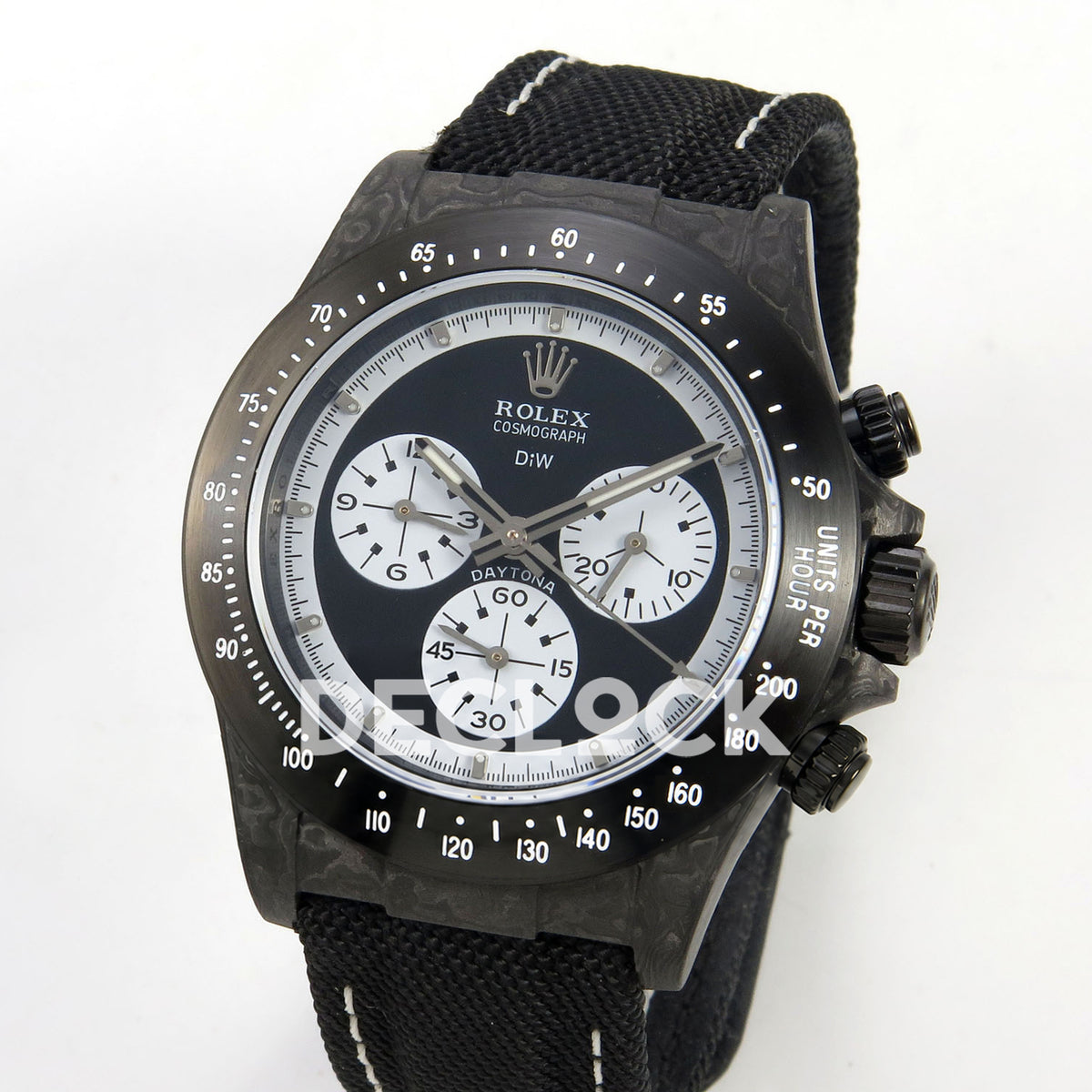Rolex Daytona Custom DIW Carbon Black White Dial Black Nylon N6F DD4801 replica - angled front