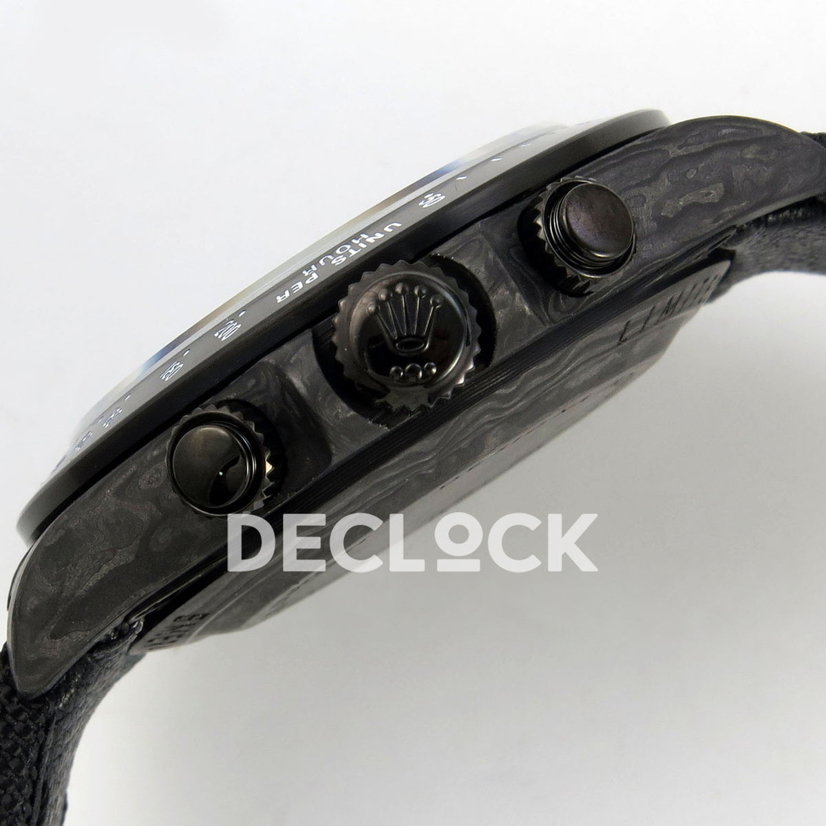 Rolex Daytona Custom DIW Carbon Black White Dial Black Nylon N6F DD4801 replica - crown and pushers