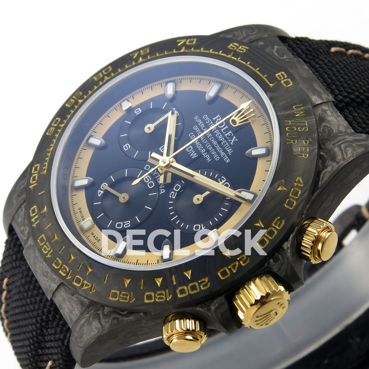 Rolex Daytona Custom DIW Carbon Blue Dial Black Nylon N6F DD4801 replica - crown side front