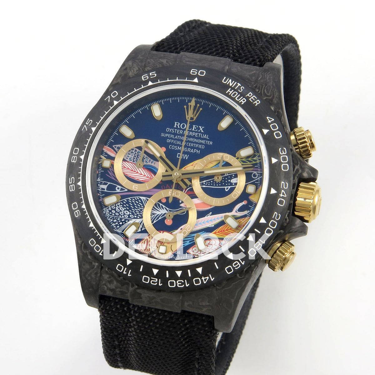 Rolex Daytona Custom DIW Carbon Blue Gold Dial Black Nylon N6F DD4801 replica - angled front