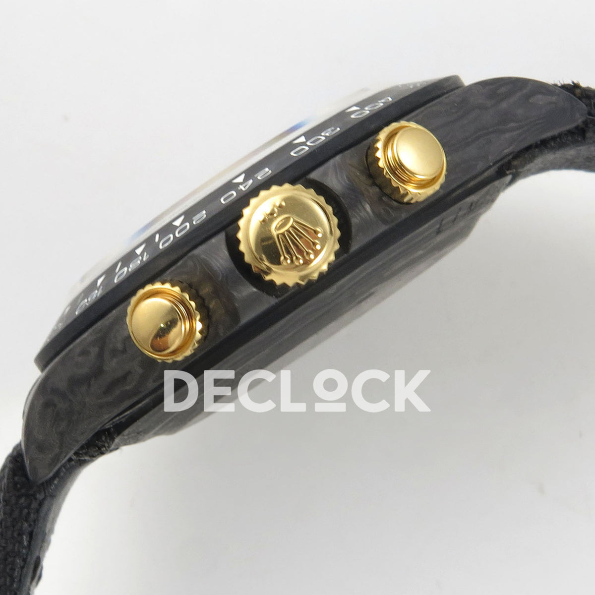 Rolex Daytona Custom DIW Carbon Blue Gold Dial Black Nylon N6F DD4801 replica - crown and pushers