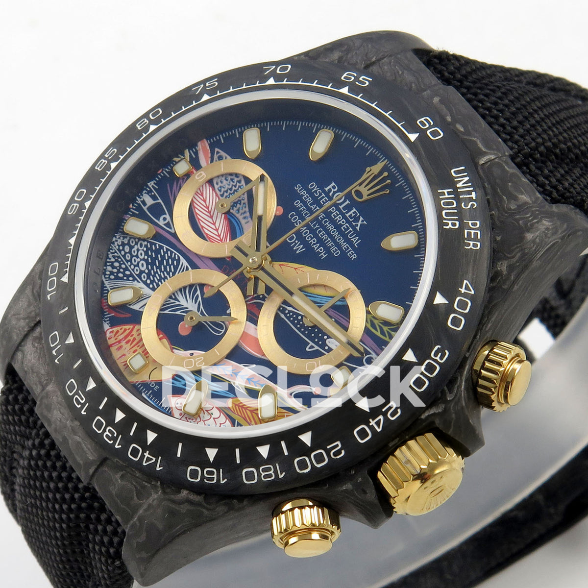 Rolex Daytona Custom DIW Carbon Blue Gold Dial Black Nylon N6F DD4801 replica - crown side front