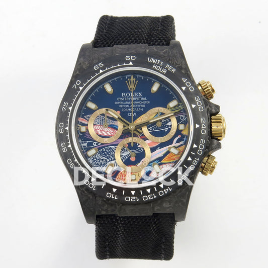 Rolex Daytona Custom DIW Carbon Blue Gold Dial Black Nylon N6F DD4801 replica - front