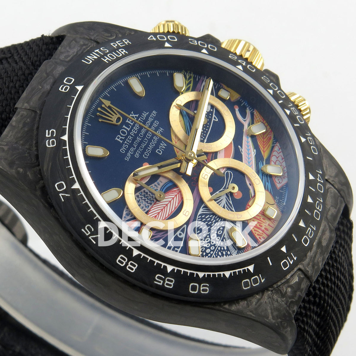 Rolex Daytona Custom DIW Carbon Blue Gold Dial Black Nylon N6F DD4801 replica - opposite angled front