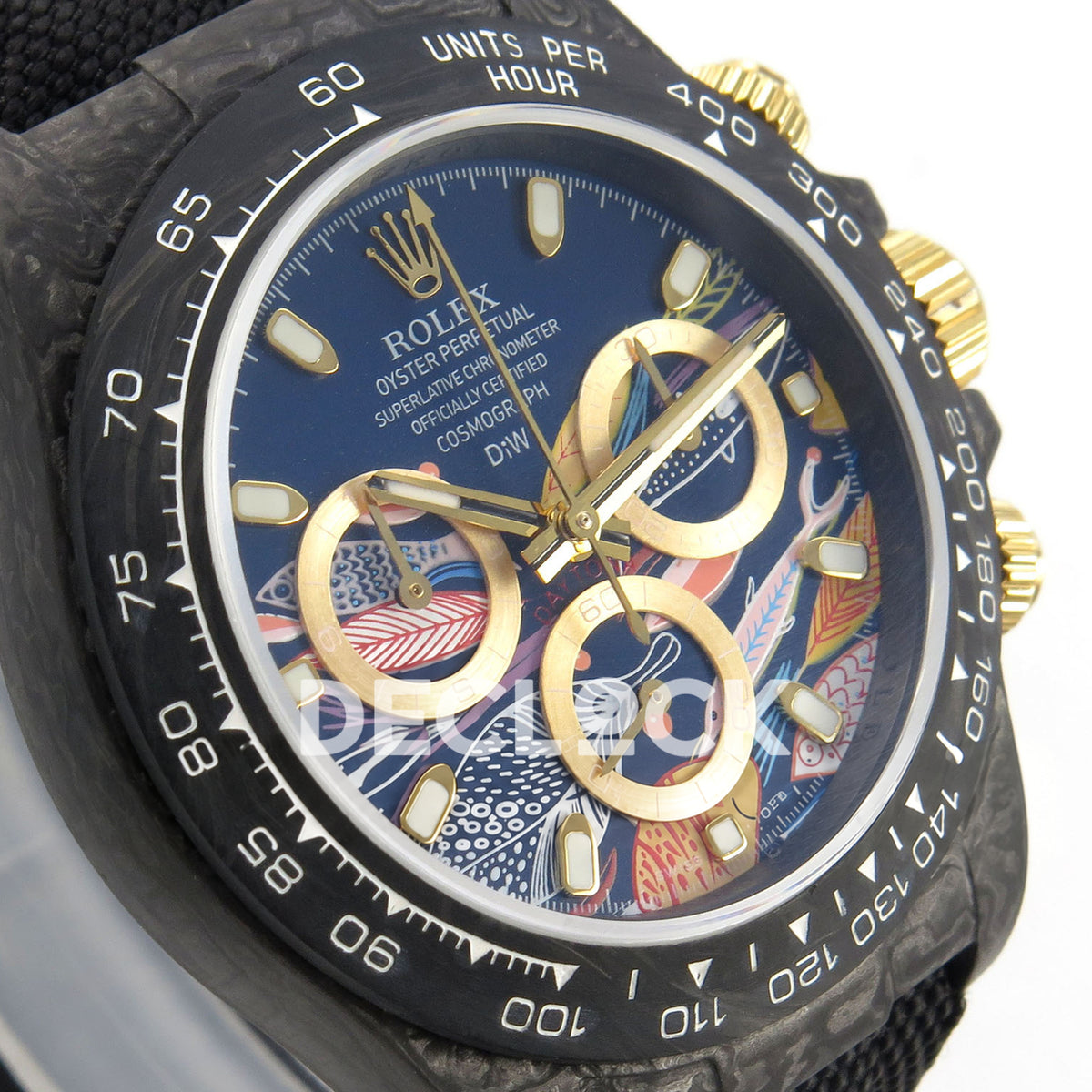Rolex Daytona Custom DIW Carbon Blue Gold Dial Black Nylon N6F DD4801 replica - opposite front