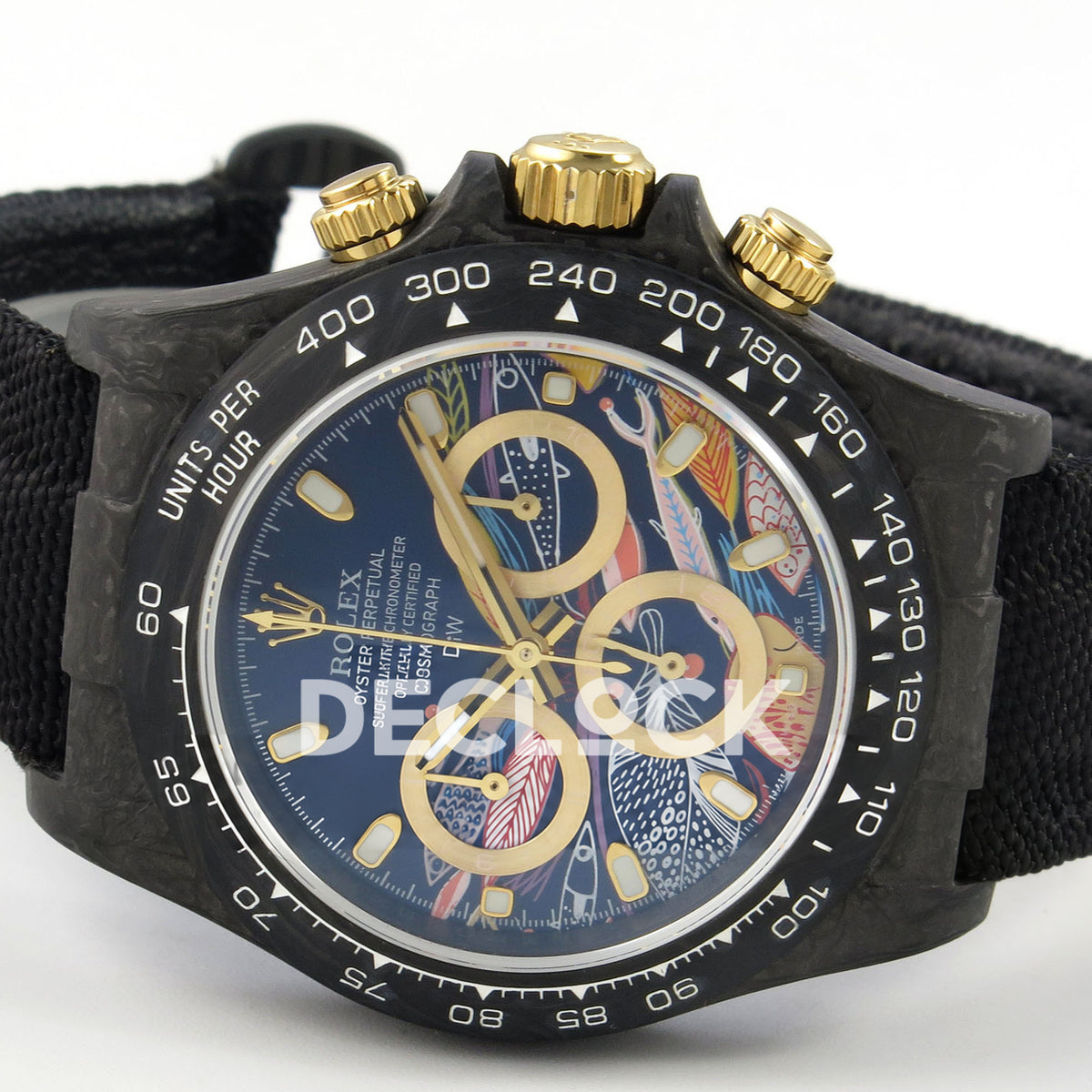 Rolex Daytona Custom DIW Carbon Blue Gold Dial Black Nylon N6F DD4801 replica - rotated dial