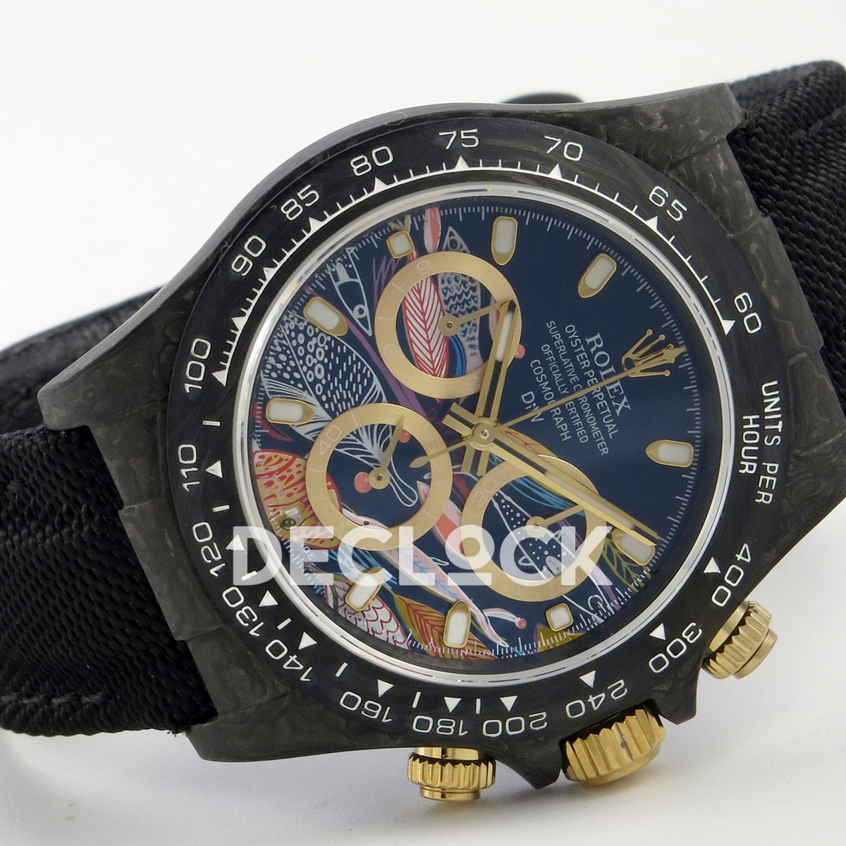 Rolex Daytona Custom DIW Carbon Blue Gold Dial Black Nylon N6F DD4801 replica - rotated front