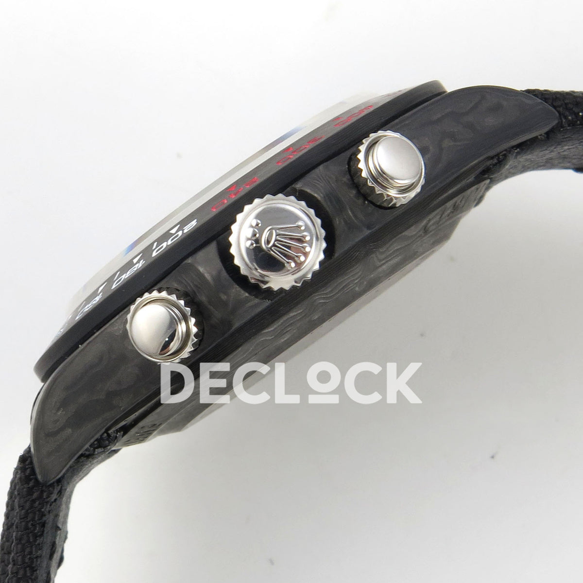 Rolex Daytona Custom DIW Carbon White Dial Black Nylon N6F DD4801 replica - crown and pushers