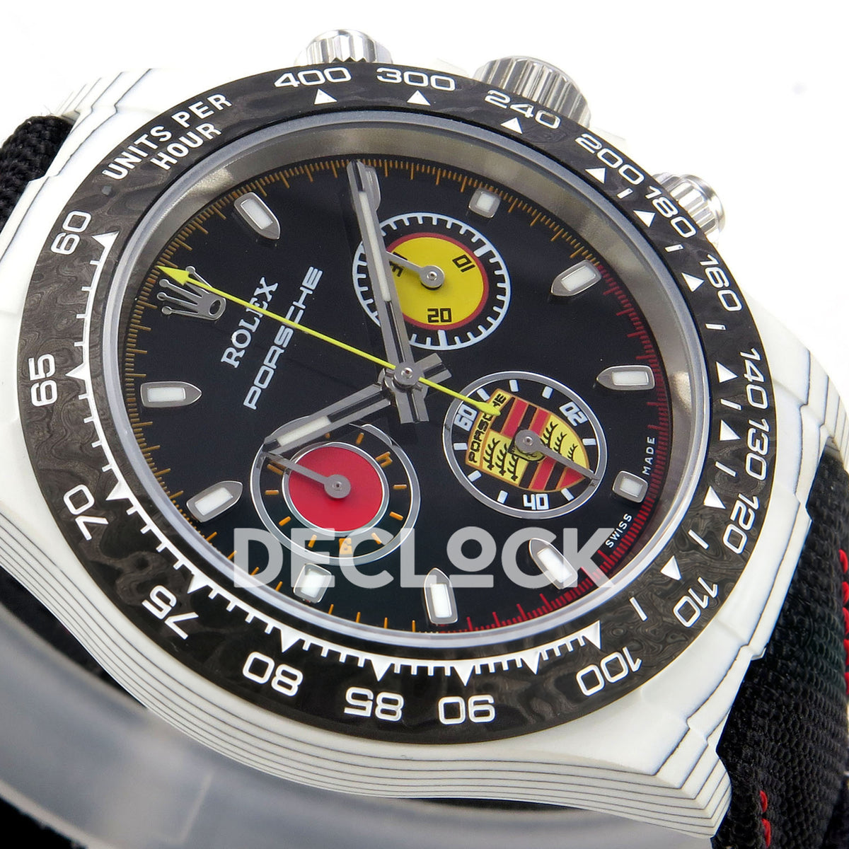 Rolex Daytona Custom DIW 'Porsche' White Carbon Black Dial ANTF DD4801 replica - dial side angle