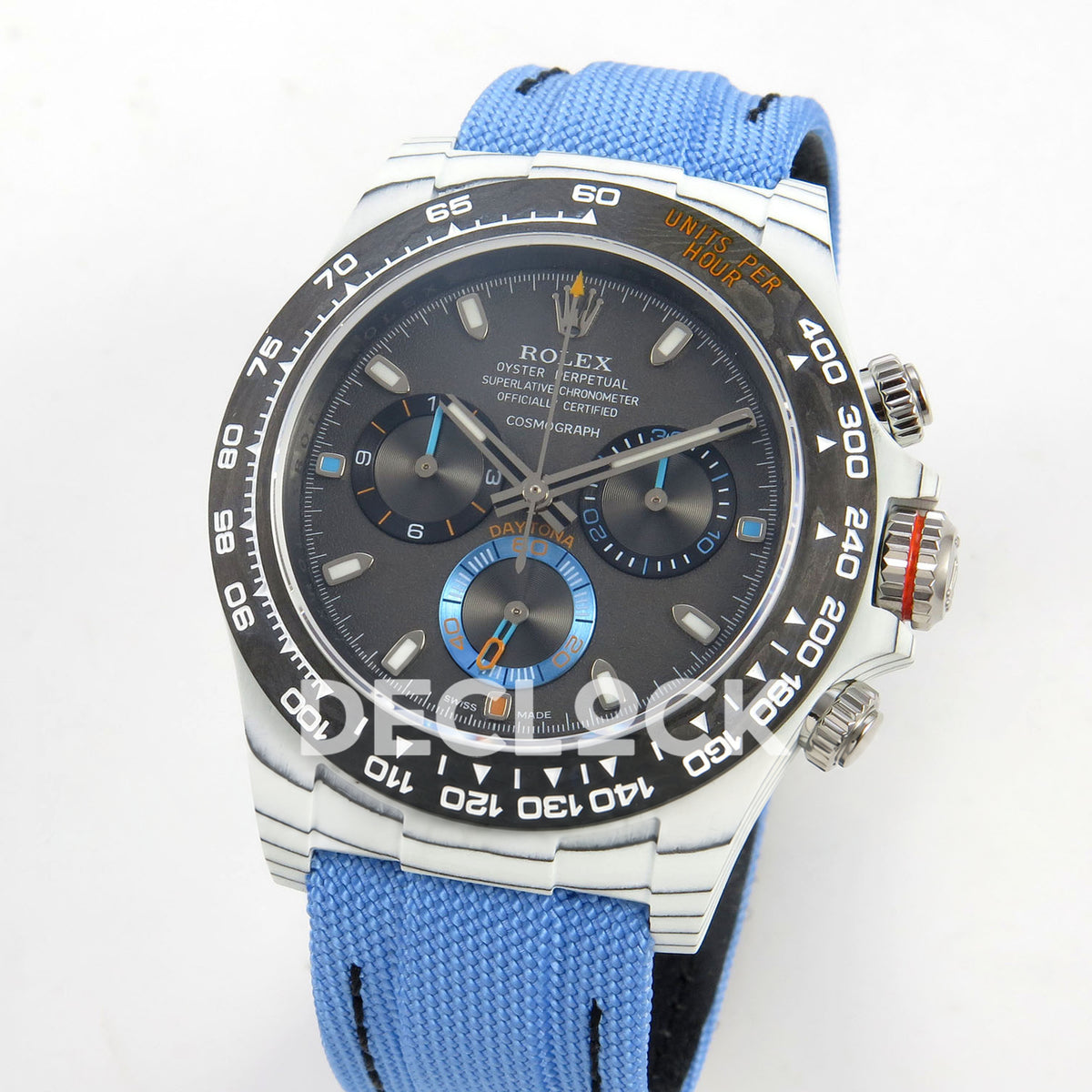 Rolex Daytona Custom DIW White Carbon Black Dial Blue Nylon N6F DD4801 replica - angled front