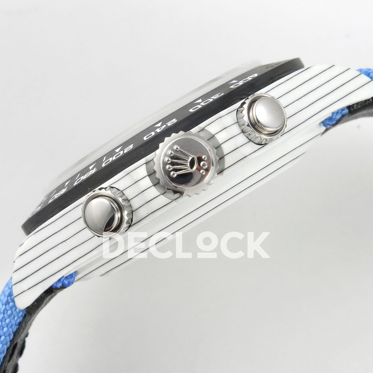 Rolex Daytona Custom DIW White Carbon Black Dial Blue Nylon N6F DD4801 replica - crown and pushers