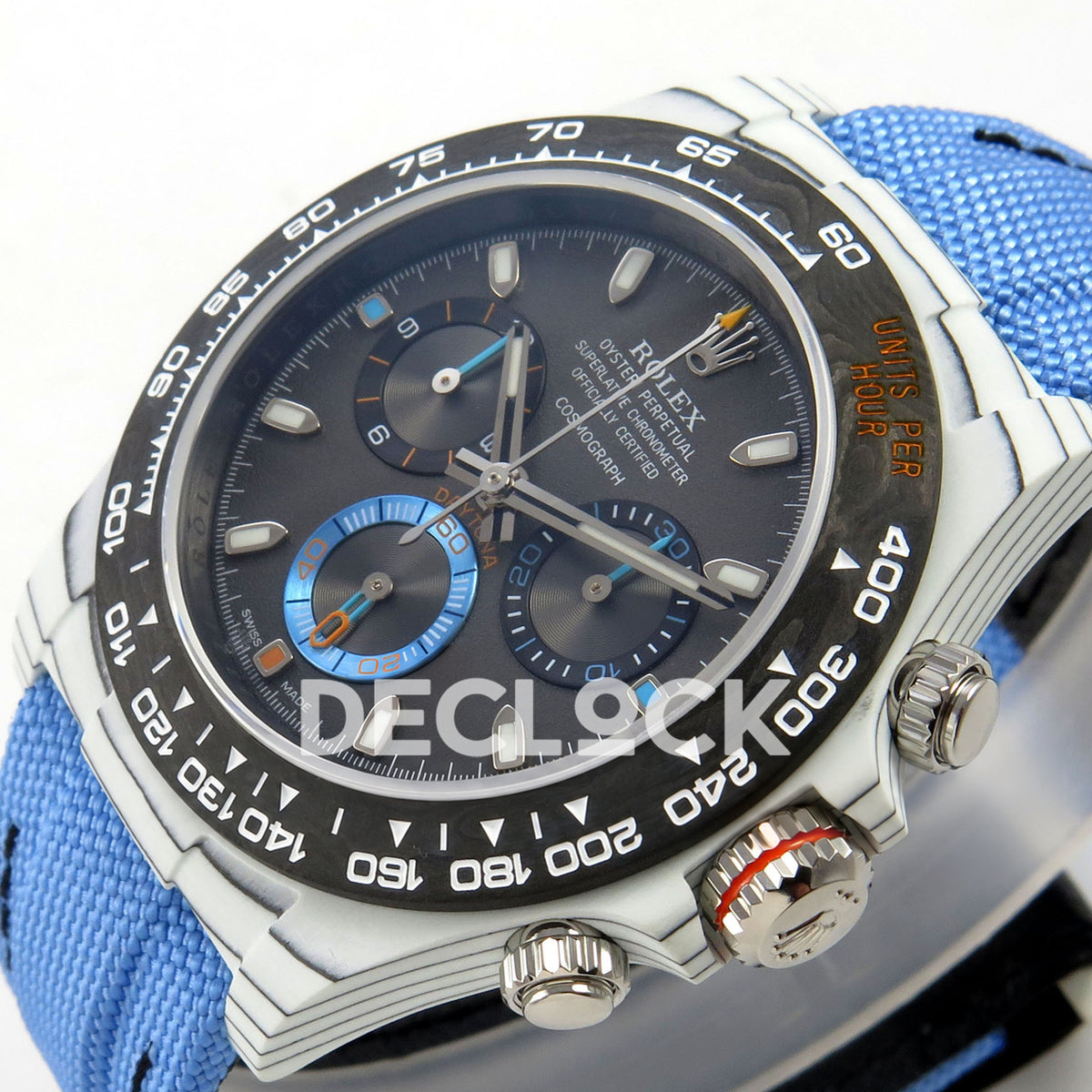 Rolex Daytona Custom DIW White Carbon Black Dial Blue Nylon N6F DD4801 replica - crown side front