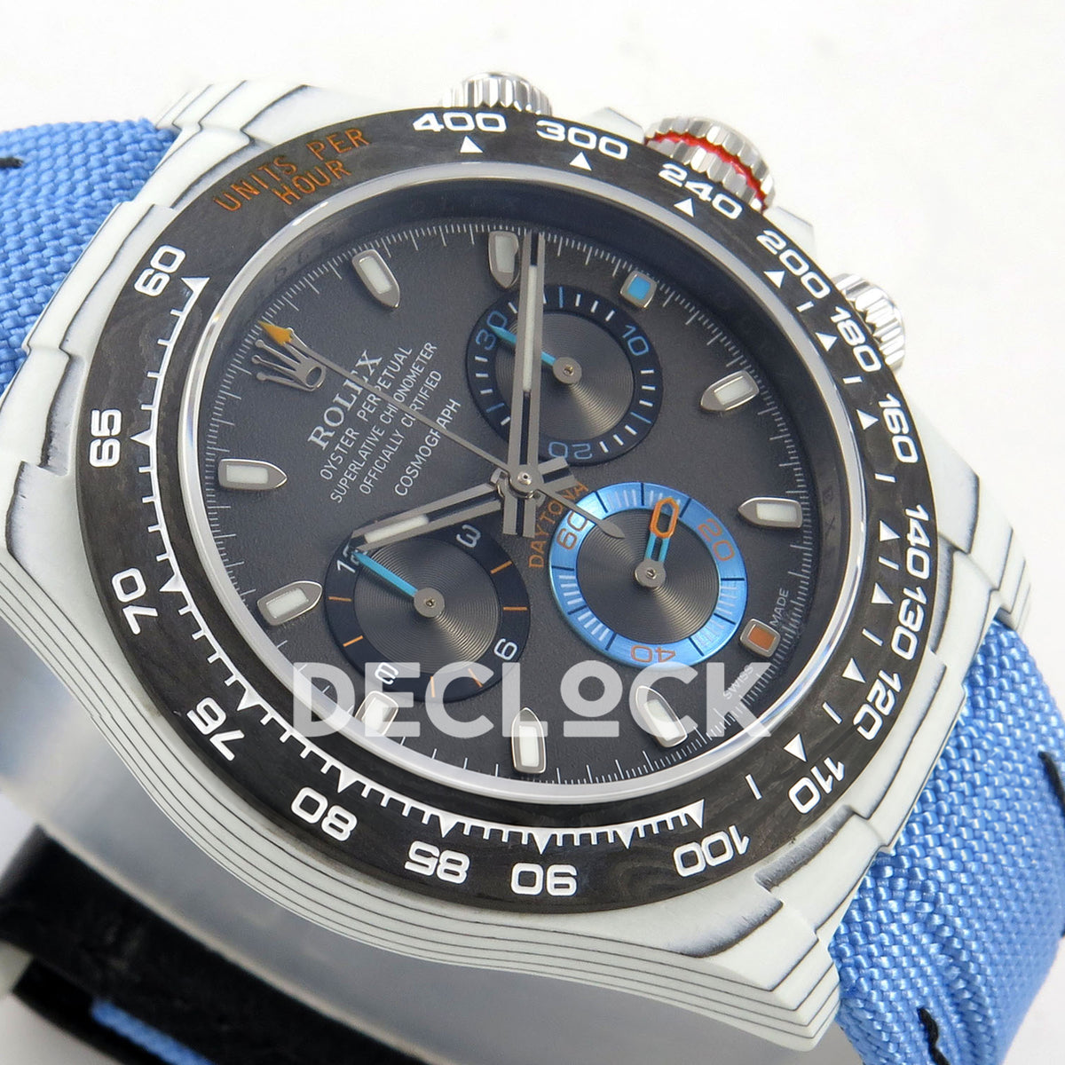 Rolex Daytona Custom DIW White Carbon Black Dial Blue Nylon N6F DD4801 replica - opposite angled front