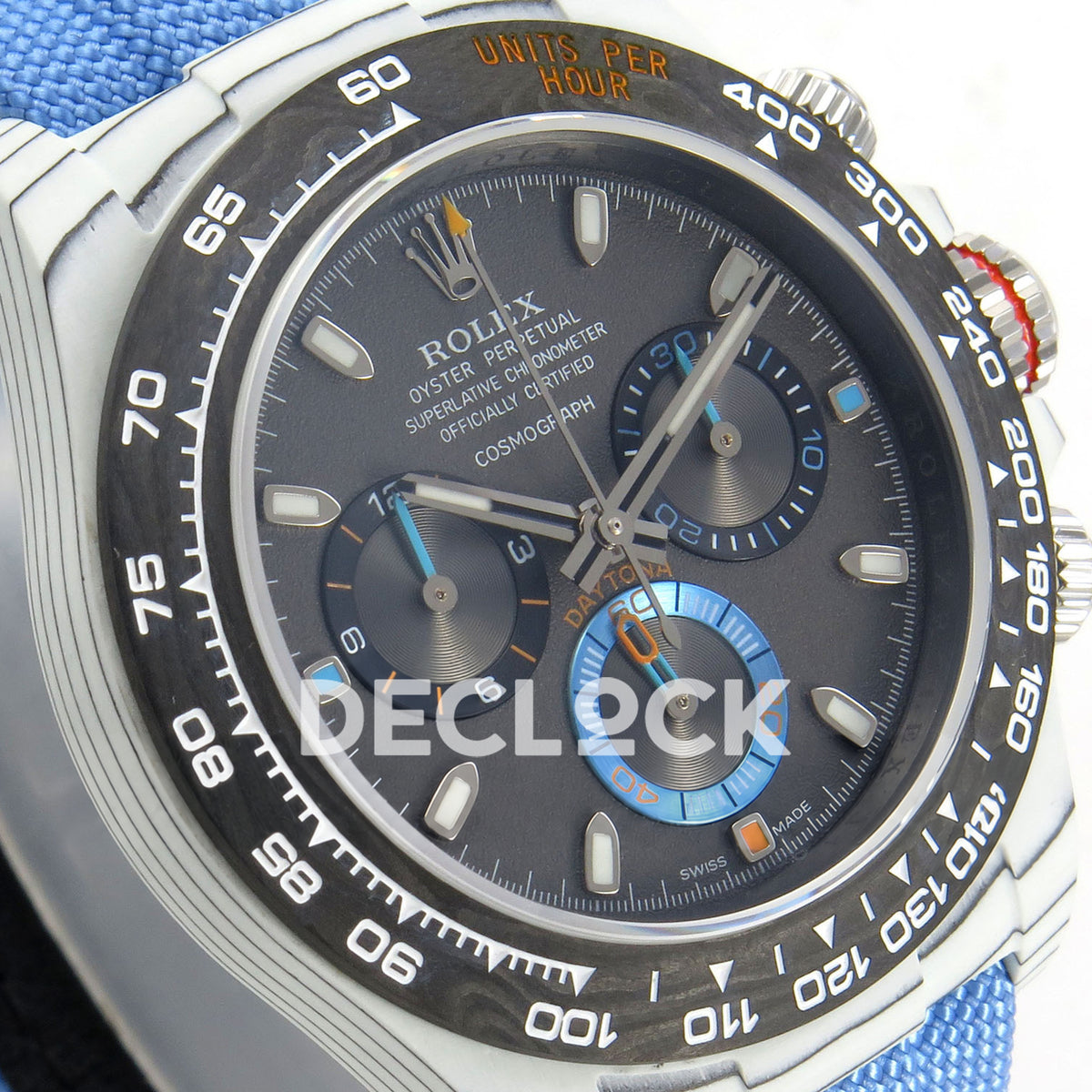 Rolex Daytona Custom DIW White Carbon Black Dial Blue Nylon N6F DD4801 replica - opposite front