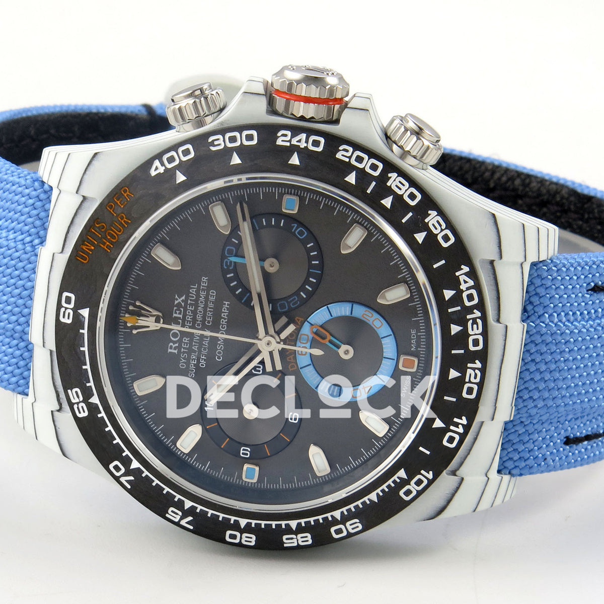 Rolex Daytona Custom DIW White Carbon Black Dial Blue Nylon N6F DD4801 replica - rotated dial