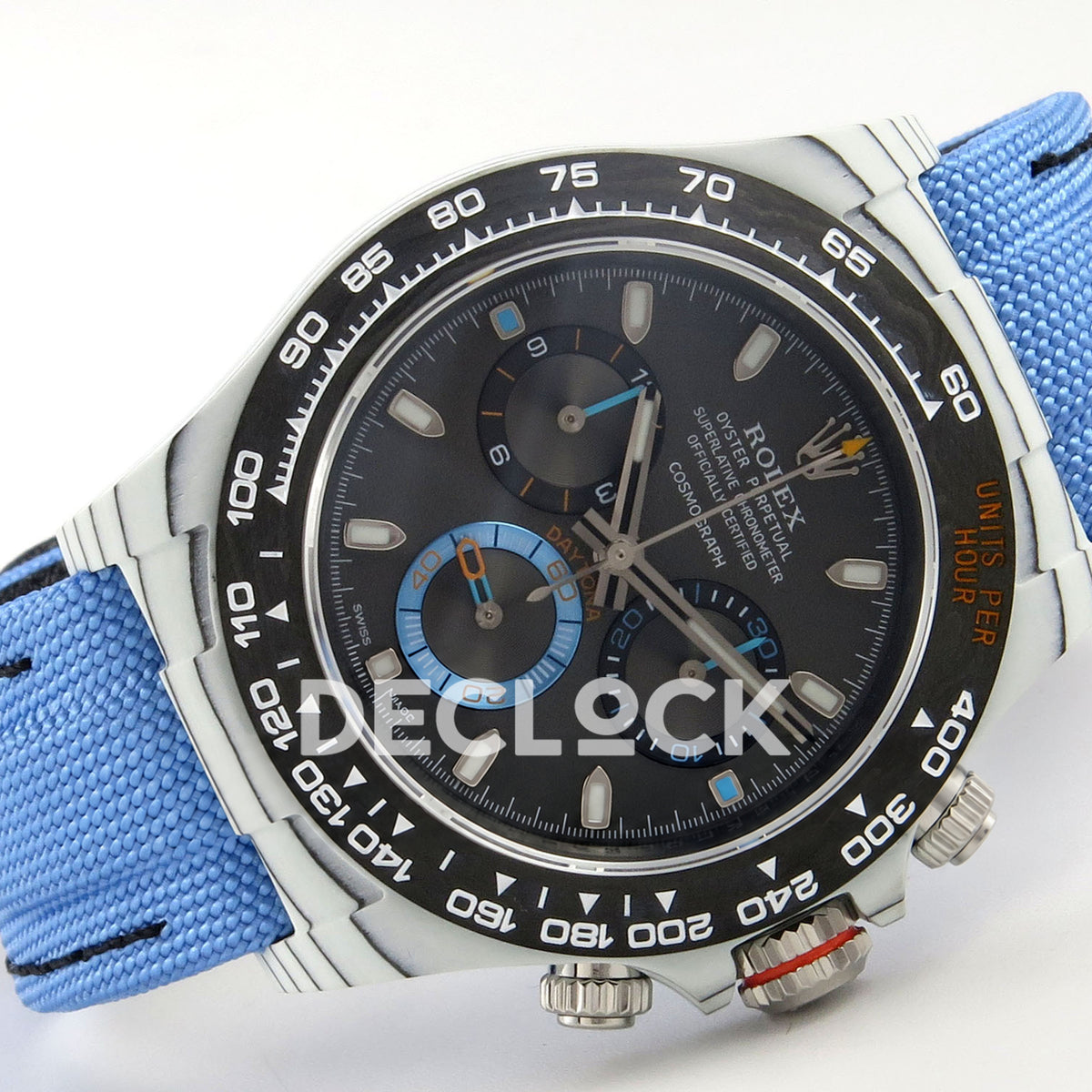 Rolex Daytona Custom DIW White Carbon Black Dial Blue Nylon N6F DD4801 replica - rotated front