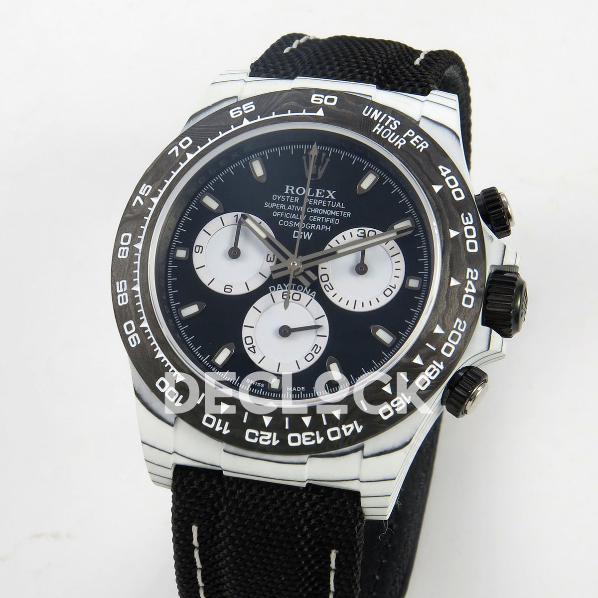 Rolex Daytona Custom DIW White Carbon Blue White Dial Black Nylon N6F DD4801 replica - angled front