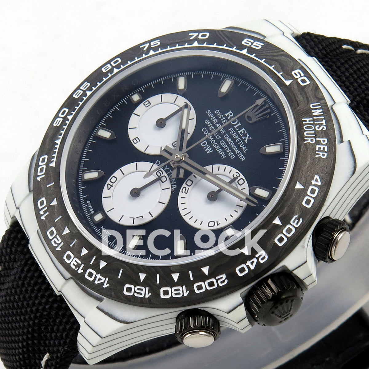 Rolex Daytona Custom DIW White Carbon Blue White Dial Black Nylon N6F DD4801 replica - crown side front