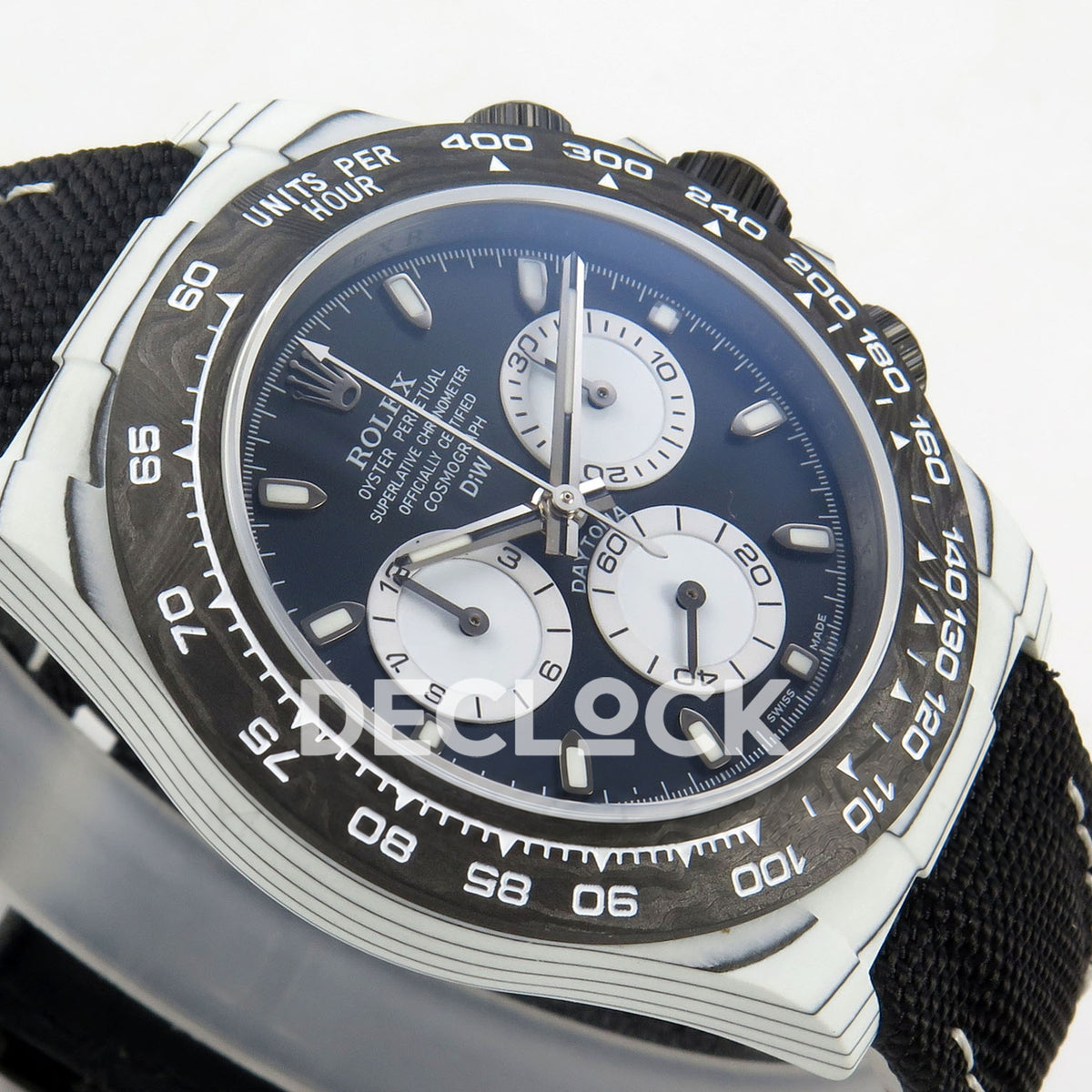 Rolex Daytona Custom DIW White Carbon Blue White Dial Black Nylon N6F DD4801 replica - opposite angled front