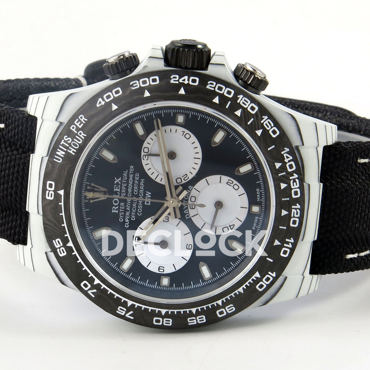 Rolex Daytona Custom DIW White Carbon Blue White Dial Black Nylon N6F DD4801 replica - rotated dial
