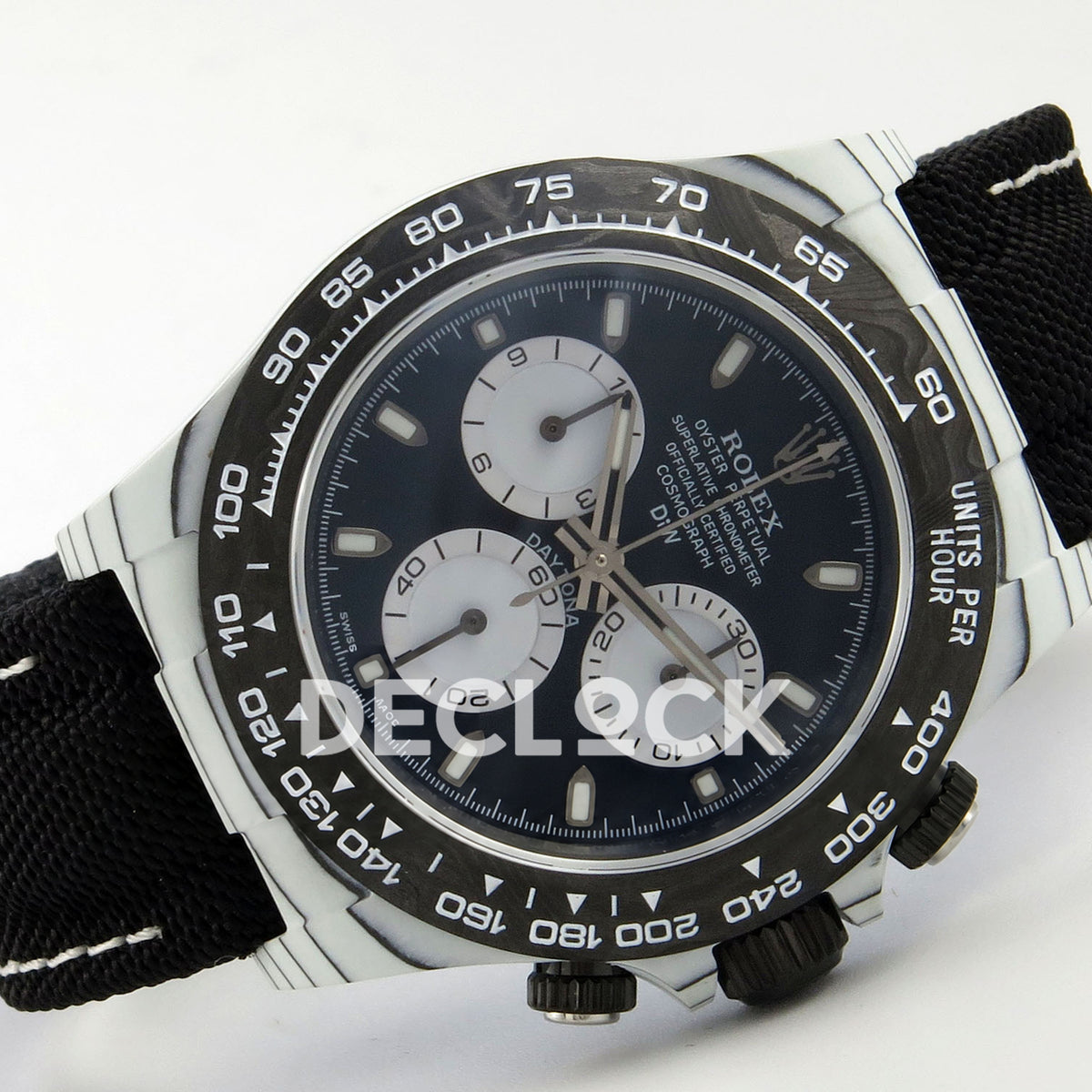 Rolex Daytona Custom DIW White Carbon Blue White Dial Black Nylon N6F DD4801 replica - rotated front