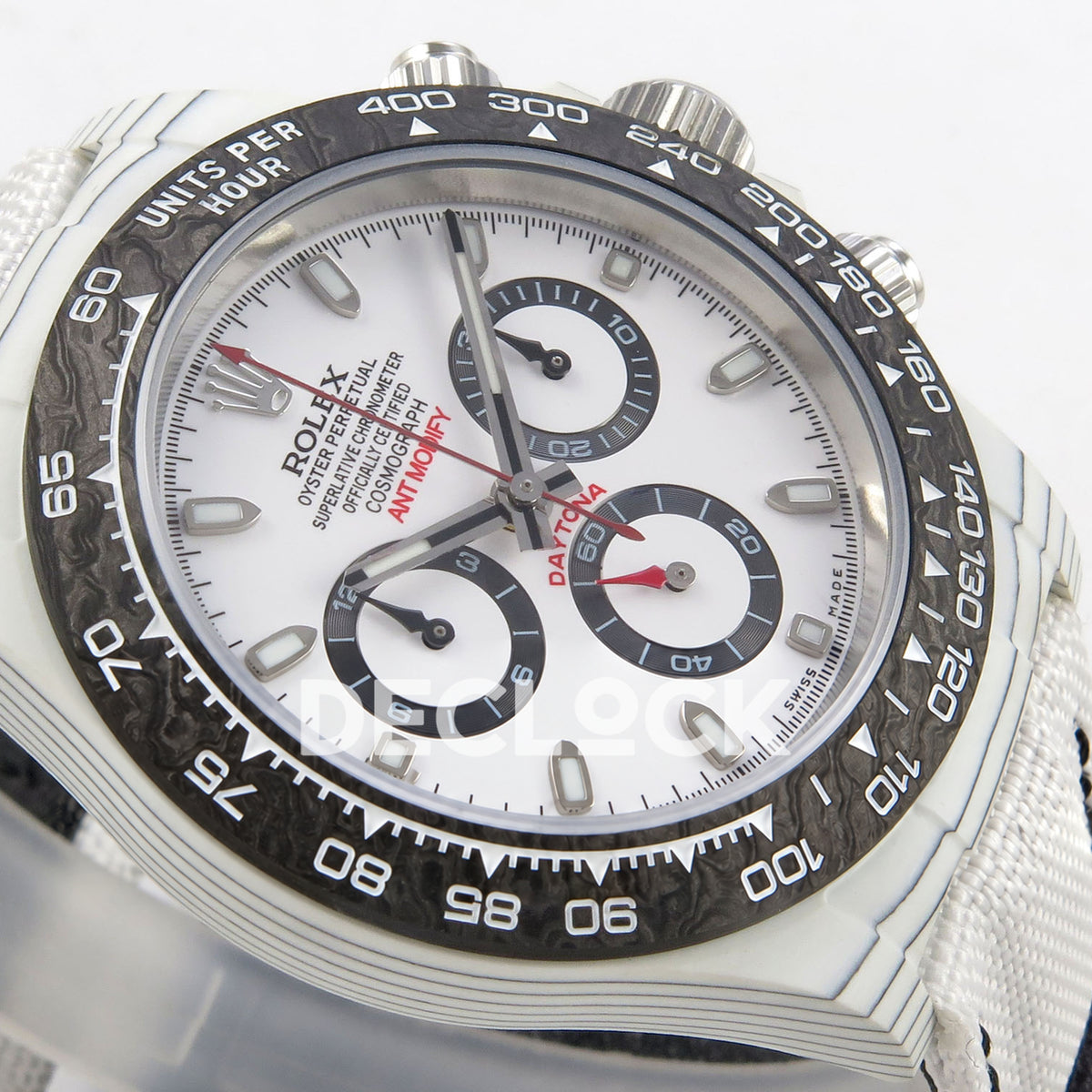 Rolex Daytona Custom DIW White Carbon White Panda Dial ANTF DD4801 replica - dial side angle