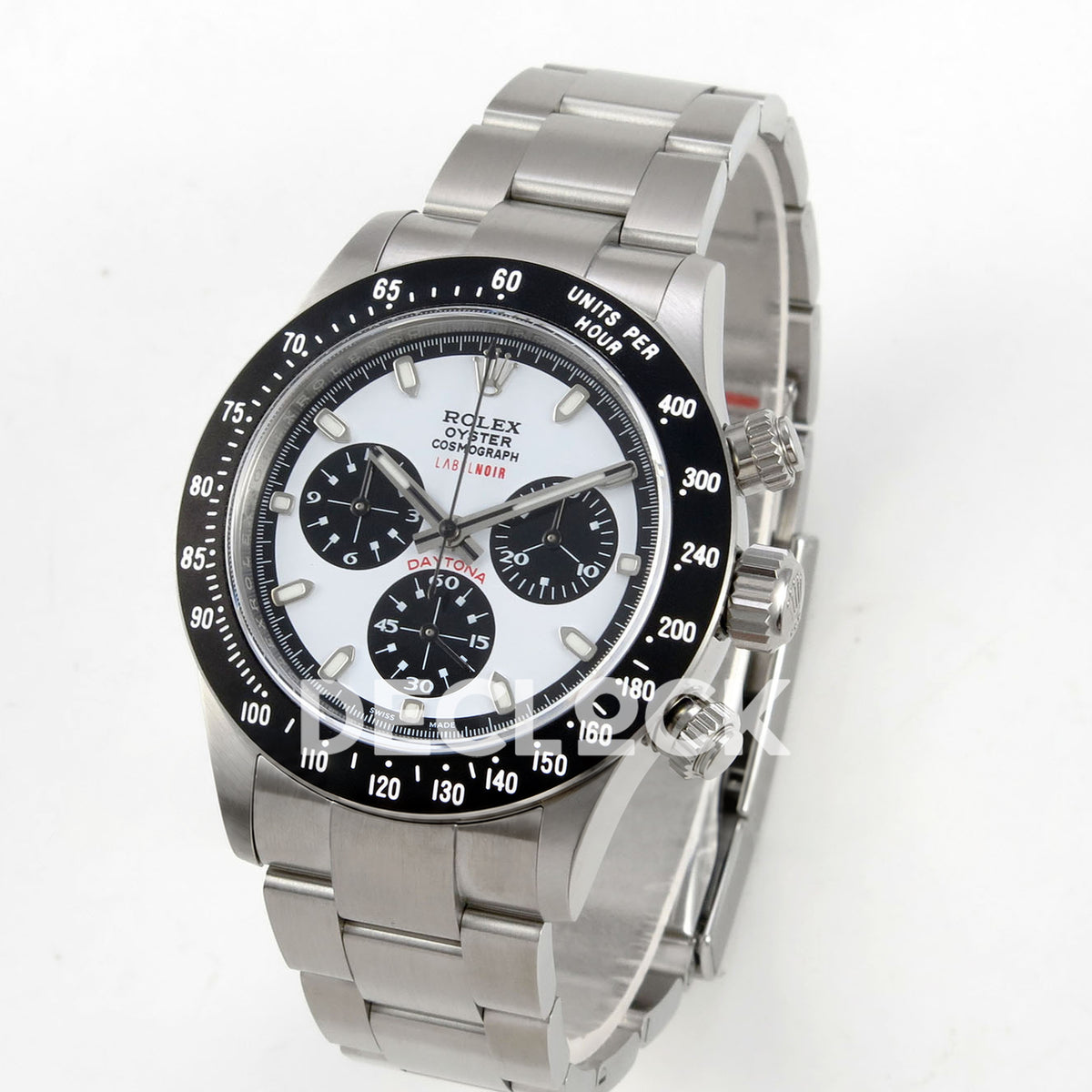 Rolex Daytona Custom Paul Newman Label Noir White PMSF DD4130 replica - angled front