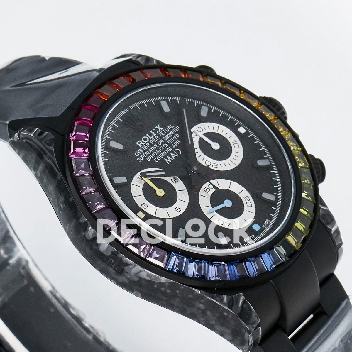 Rolex Daytona Custom Rainbow MAD Paris Black DLC 4130 replica - angled dial left